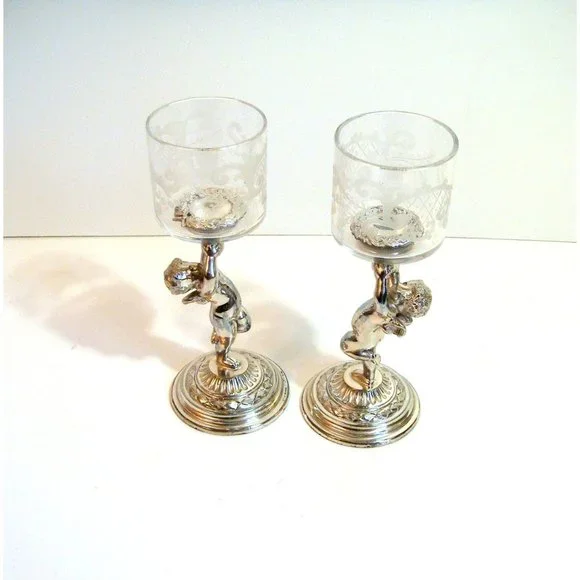 Pairpoint Silver Plate Cherub Votive Holders with Etched Glass PAIR - Picture 3 of 9